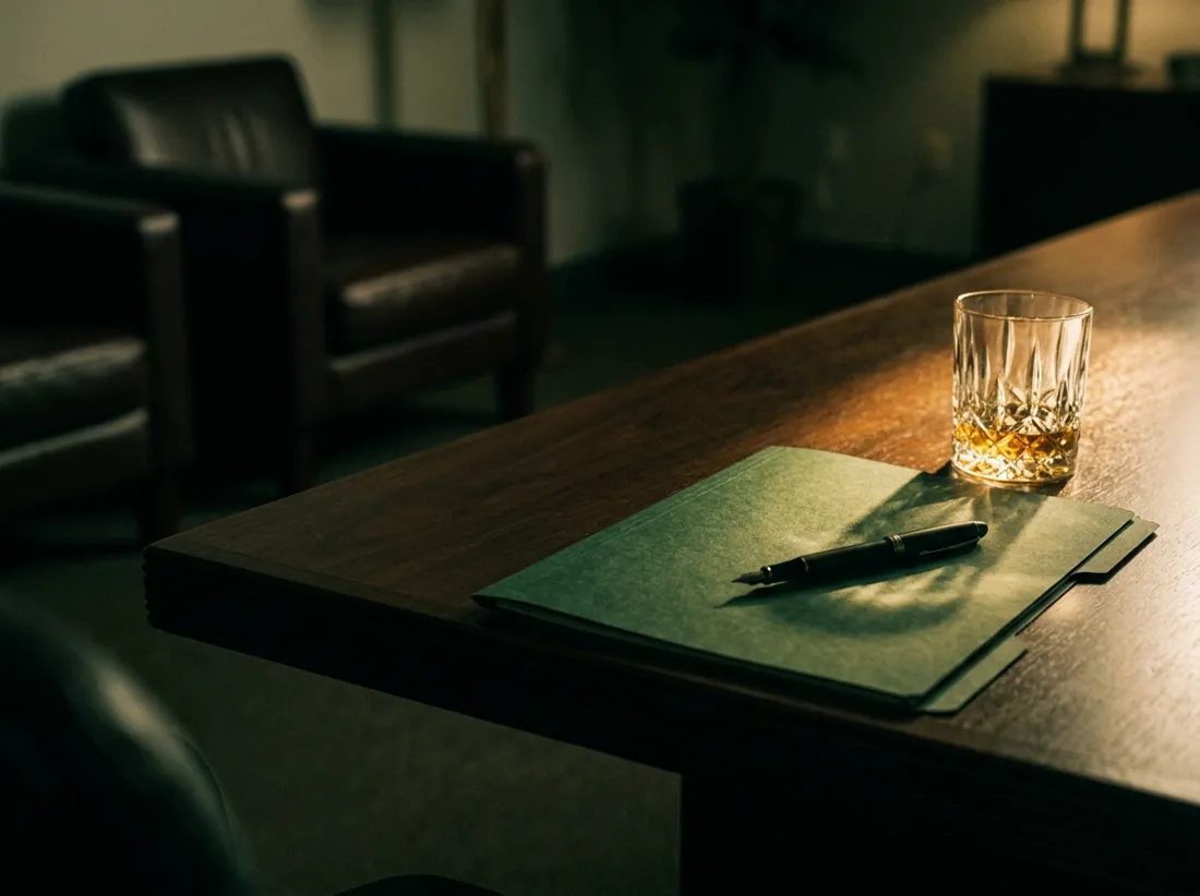 A dossier, a fountain pen, and a glass under lamplight on a boardroom table