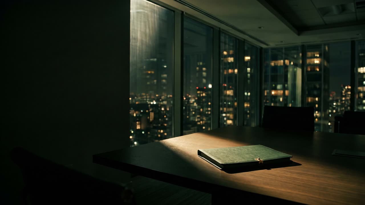 A closed dossier on a briefing-room table above a midnight skyline